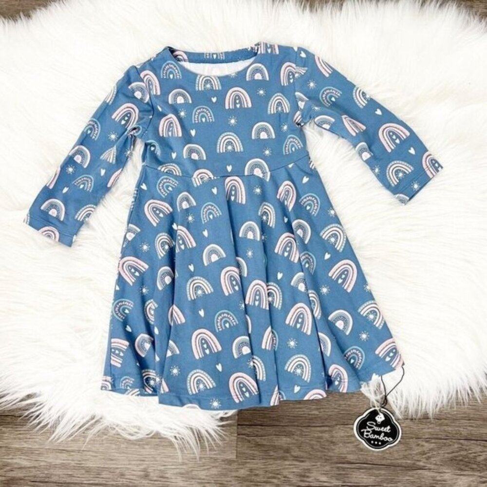 Sweet Bamboo 12-18M Blue Rainbow Long Sleeve Twirl Swirl Dress